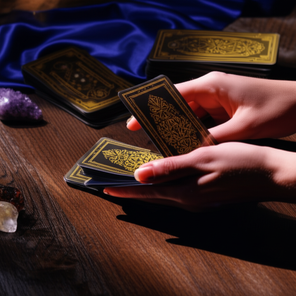Детальная техника работы с колодой таро: руки тасуют карты с золотым тиснением на деревянном столе.