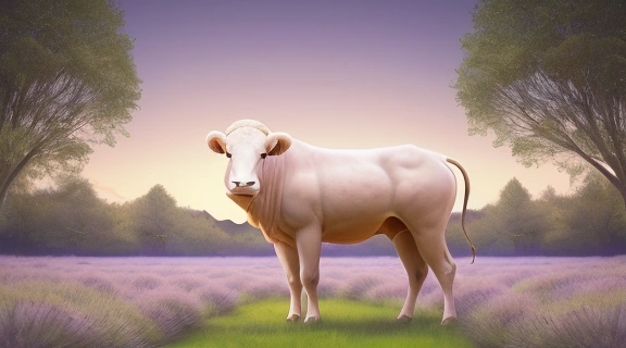 Изображение быка, символизирующего Телец характеристика, стоящего в зеленом поле на фоне заката.