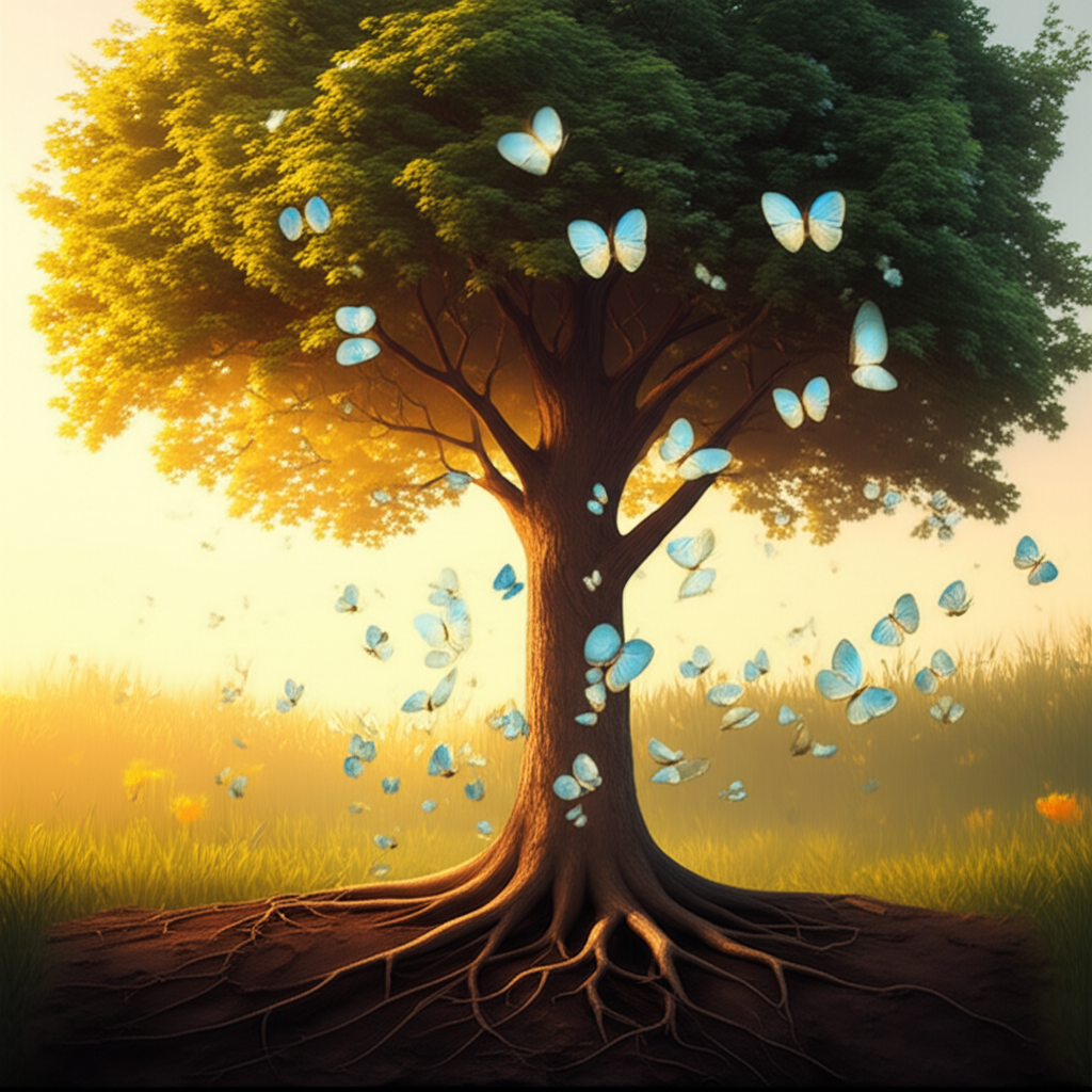 Символическое изображение, где телец и близнецы совместимость показана через союз стабильного дерева (Земля) и легких бабочек (Воздух).