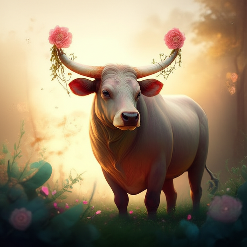 Изображение быка Тельца, символизирующего Телец в астрологии, окруженного пышной зеленью и нежными цветами, что передает земную природу и влияние Венеры.