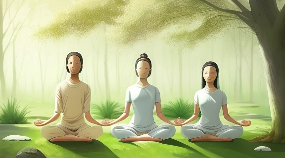 Разнообразие типов медитаций, показанное через людей, практикующих различные техники в спокойной природной обстановке.