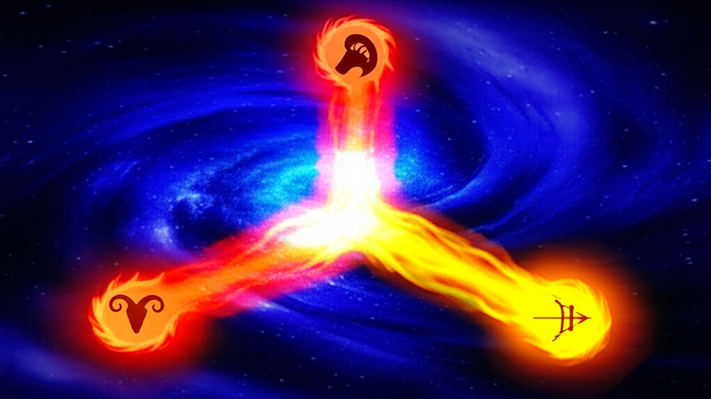 Изображение, символизирующее тригон в огне в астрологии: три мощных огненных потока красного, золотого и оранжевого цвета, исходящих из разных точек космоса, гармонично соединяются в центре на фоне звездного неба, подчеркивая пламенную энергию.