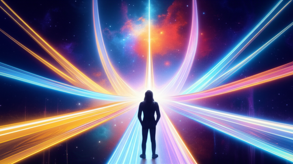 Человек на перепутье светящихся дорог, символизирующий цели воплощения и выбор жизненного пути.