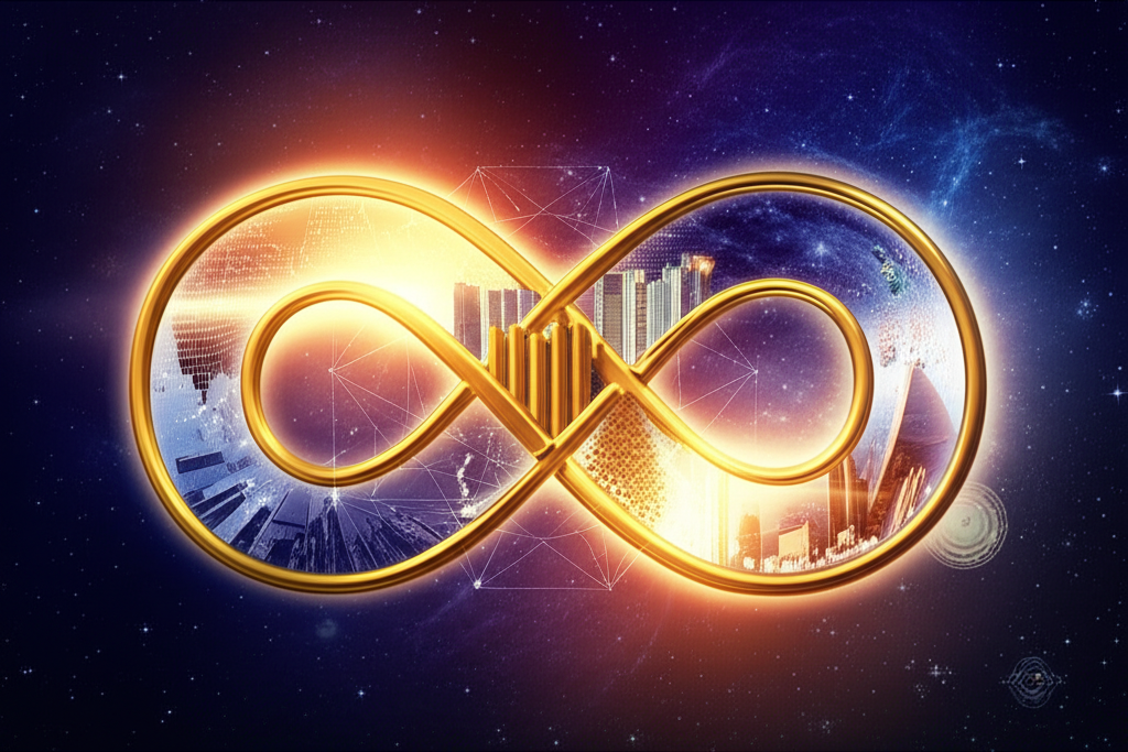 Бесконечный золотой символ, иллюстрирующий, цифра 8 в нумерологии что означает баланс материального и духовного миров.