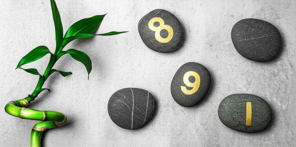 Гармоничная композиция на камне, иллюстрирующая благоприятные цифры фэн-шуй для привлечения удачи.