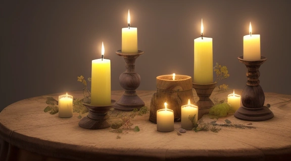 Разнообразный цвет свечей, расположенных на деревянной поверхности, с мягким освещением, демонстрирующий их красоту и символическое значение.