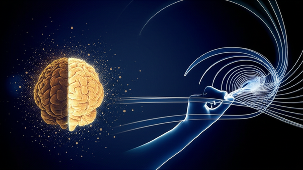 Иллюстрация, символизирующая творческий потенциал левши: светящееся правое полушарие мозга и левая рука, создающая произведение искусства.