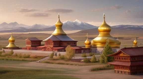 Панорамный вид, иллюстрирующий долгую и насыщенную историю буддизма в россии, от степных кочевий до современных городских центров.