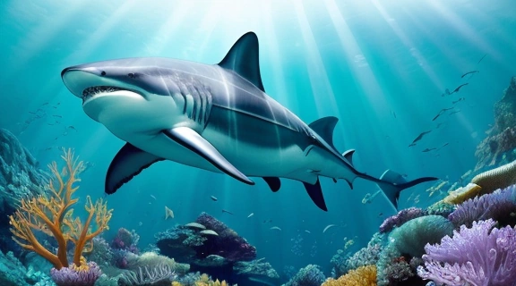 Разнообразные знаменитые рыбы в подводном царстве, включая латимерию, кои, рыбу-клоуна, китовую акулу, на фоне кораллов и древних руин.