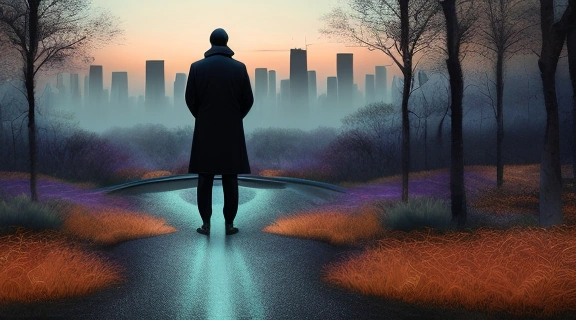 Человек на распутье, обдумывающий, уйти или остаться, на фоне двух разных путей: в яркий город и в темный лес.