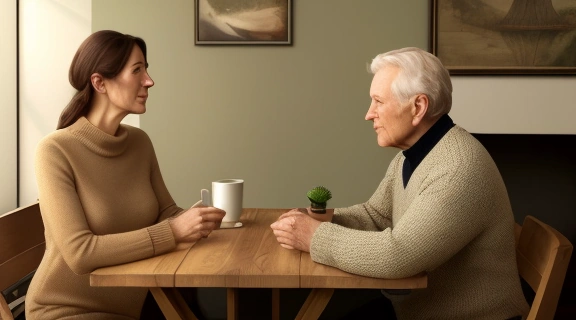 Два человека в уютной обстановке кафе, один из которых внимательно слушает другого, демонстрируя, умеете ли вы слушать, с полным пониманием и эмпатией.