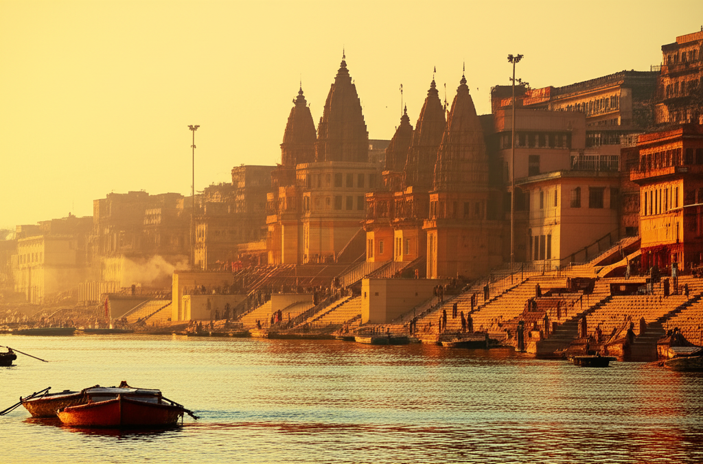 Утренний вид на священные набережные, где расположен Варанаси город Шивы.