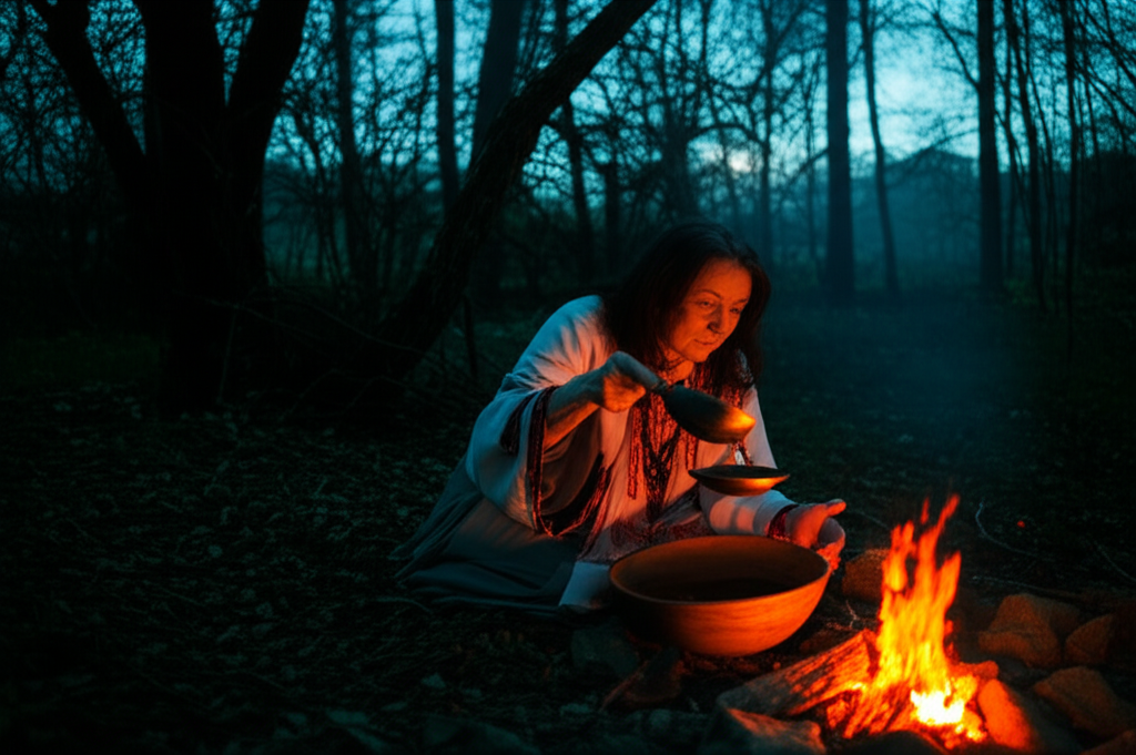 Ведуны гадалки древних славян проводят ритуал гадания на воске в ночном лесу.