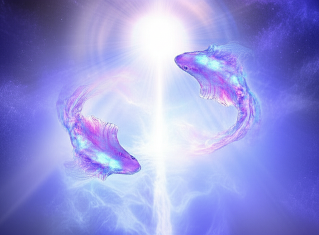 Символическое изображение, демонстрирующее глубокую связь Юпитера как традиционного правителя Рыб, с мистическими и духовными элементами знака Рыб.