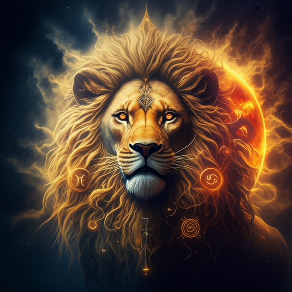 Величественный лев в астрологии, окруженный космическими символами и сияющим Солнцем.