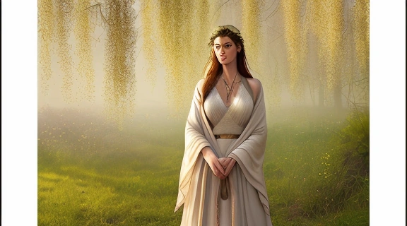 Древнеславянская женщина держит освящённые ветви ивы, символизирующие Верба мифология древних славян и весеннее обновление.