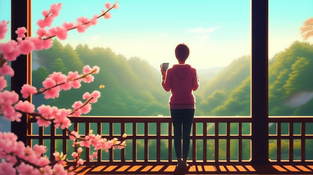 Весна время перезагрузки: человек стоит в лучах утреннего солнца среди распускающихся деревьев.