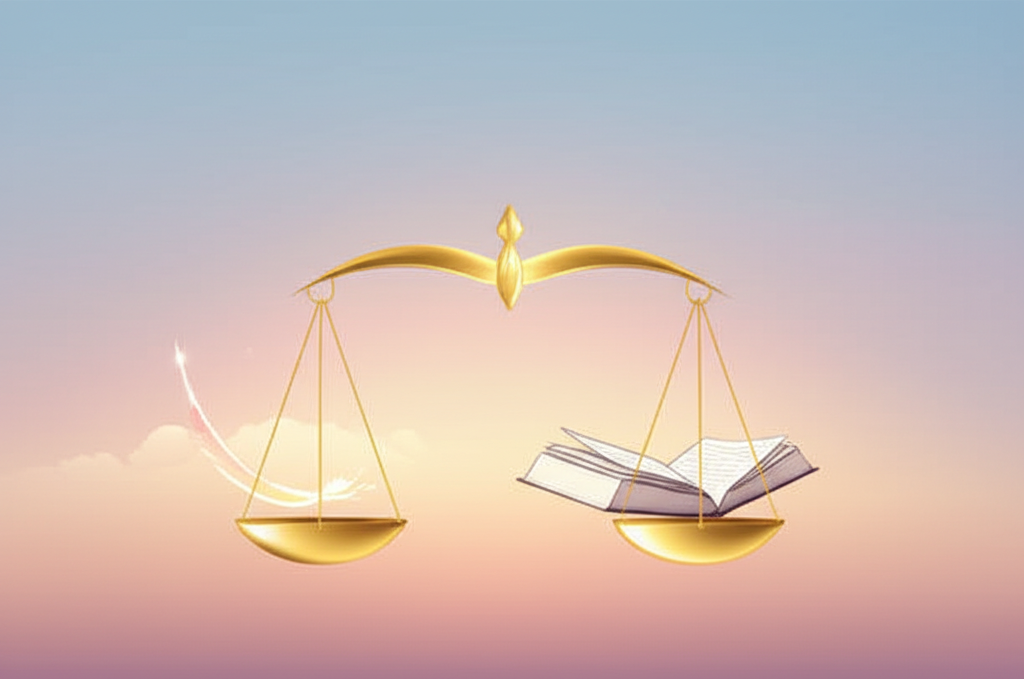 Стилизованное изображение, объясняющее, весы какой знак стихии — Воздух, в виде парящих весов с пером и книгой.