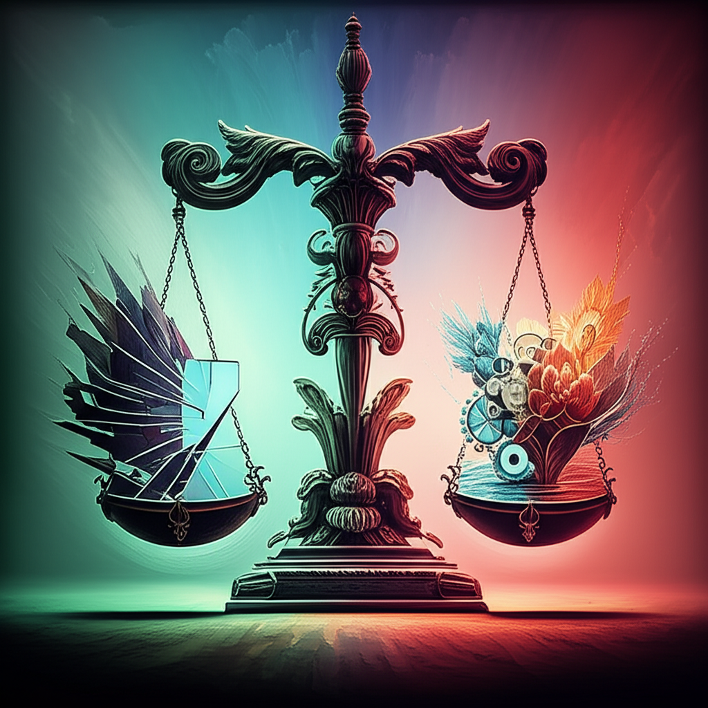 Абстрактное изображение, демонстрирующее весы в конфликте: одна чаша символизирует напряжение и противостояние, другая — разрешение и сотрудничество, стремящиеся к хрупкому равновесию.