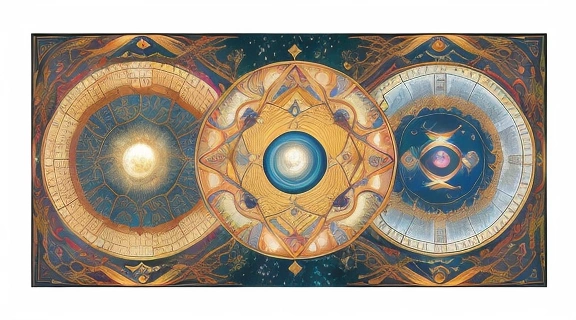 Изображение демонстрирует разнообразные виды гороскопов, объединяя элементы западной, восточной, ведической и кельтской астрологии в единой композиции.