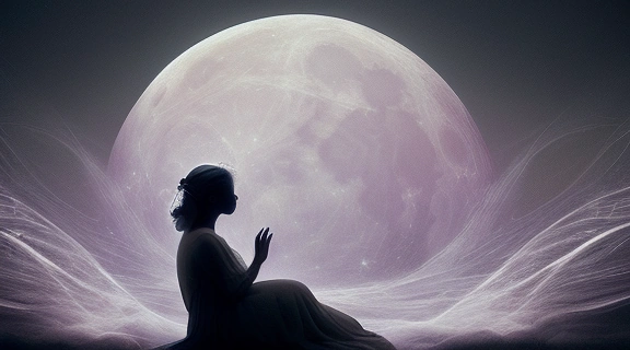 Иллюстрация, символизирующая загадочное Влияние луны на сны человека, с мягкими переливами света и образами сновидений, отражающими глубокую связь с небесным светилом.