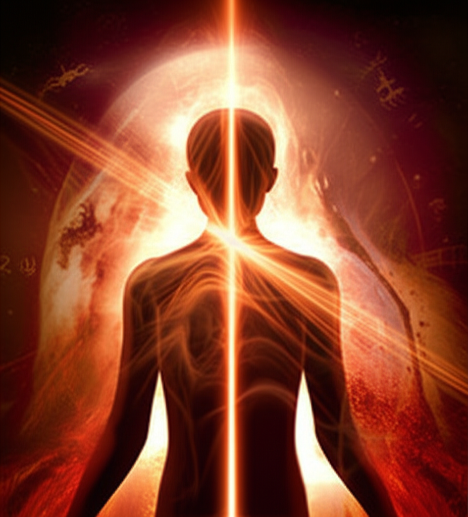 Визуализация влияния Марса на характер человека, изображающая динамичную энергию и внутреннюю силу в космическом контексте.