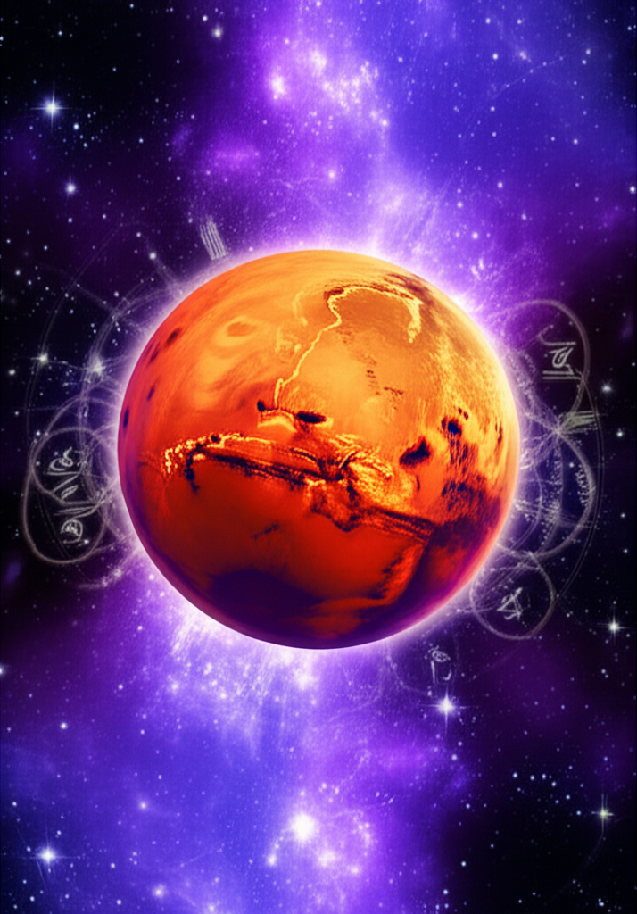 Динамичное изображение Марса, окруженного астрологическими символами, символизирующее влияние Марса в астрологии на энергию.
