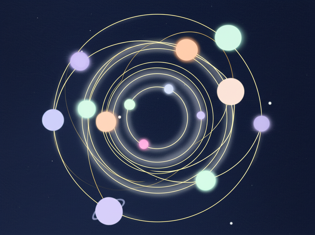 Стилизованное изображение небесных сфер, иллюстрирующее влияние планет на жизнь в сентябре.