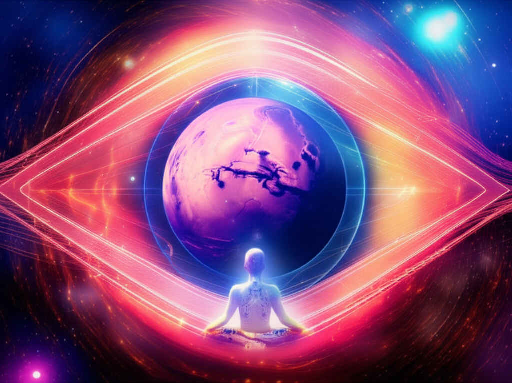 Сюрреалистическая иллюстрация, демонстрирующая влияние ретроградного Марса на энергию через космические потоки, переосмысление и фигуру человека в состоянии саморефлексии.