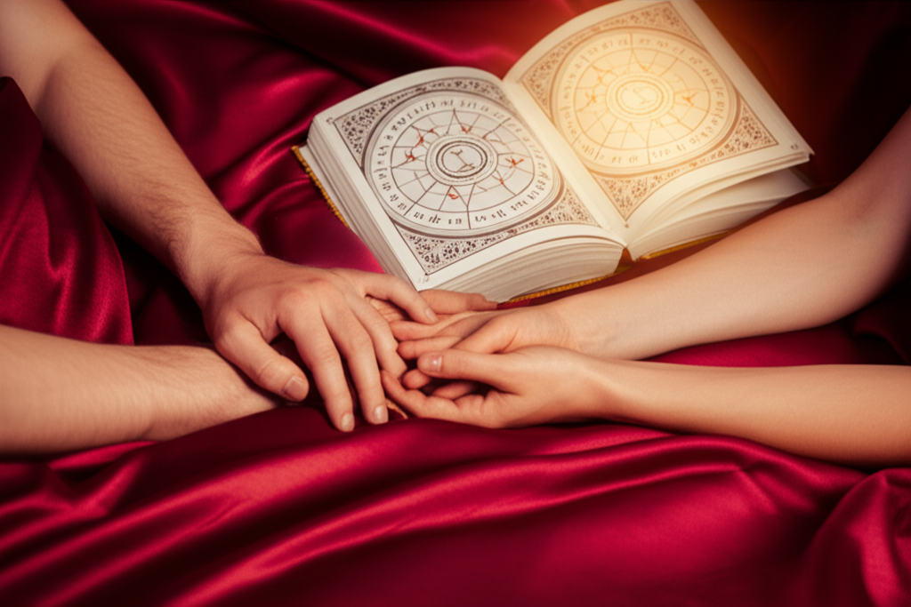 Элегантная композиция с астрологической картой и руками влюбленных на шелке, символизирующая влияние страстной Венеры в спальне.