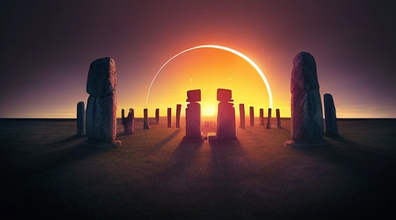 Изображение, показывающее историческое и современное влияние затмений на человека, от древнего благоговения до безопасного научного наблюдения.