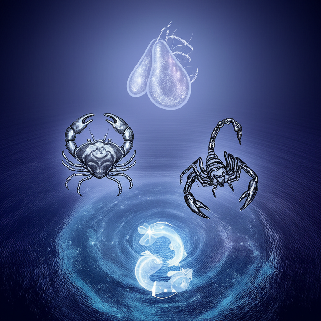 Абстрактное изображение, символизирующее водные знаки зодиака в космическом океане.