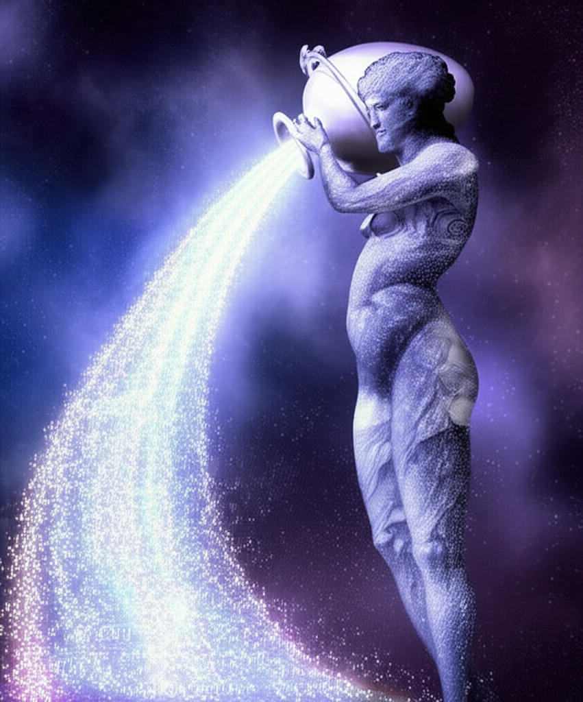 Абстрактное изображение, где водолей стихия Воздух показана как космическая фигура, изливающая свет знаний.