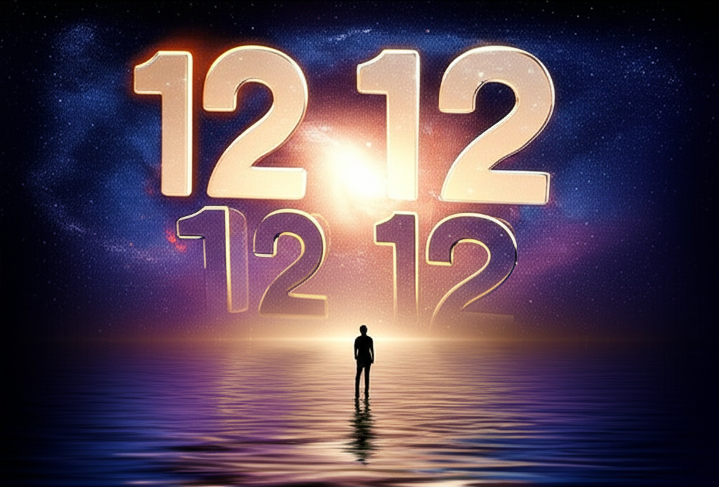 Космический пейзаж, в центре которого сияет волшебная дата 12.12.12, отражаясь в воде у ног человека.