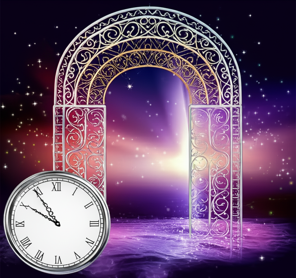 Символическое изображение концепции ворота золушки 9 дней: светящийся портал и часы, указывающие на начало трансформации.