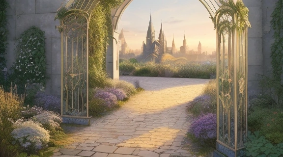 Изображение волшебных ворот, символизирующих Ворота золушки ключ к успеху и любви, ведущие от обыденности к яркой, цветущей жизни.