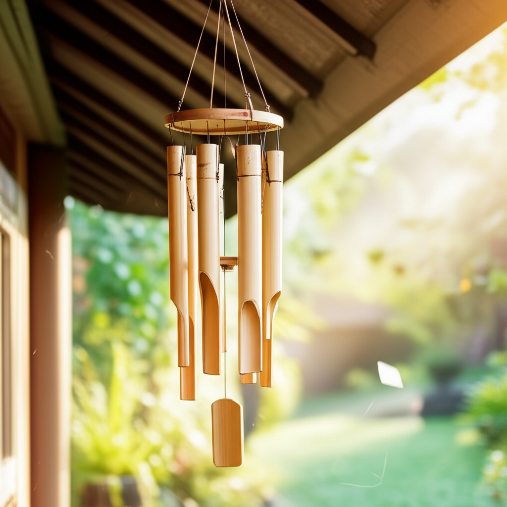 Бамбуковые воздушные колокольчики музыка ветра на веранде загородного дома.