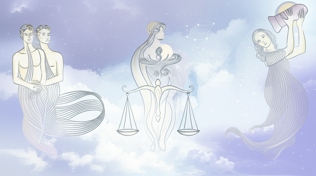 Символическое изображение, где воздушные знаки зодиака представлены как эфирные фигуры в небесах.