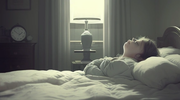 Человек просыпается поздно утром с ощущением усталости, подтверждая, что вредно много спать.