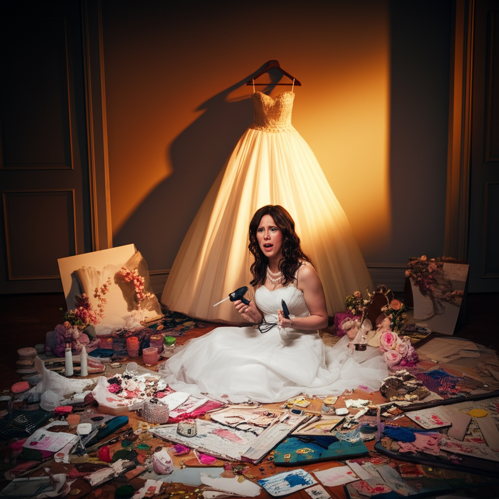 Растерянная девушка, следуя вредные советы для невесты, пытается сама сделать декор для торжества.