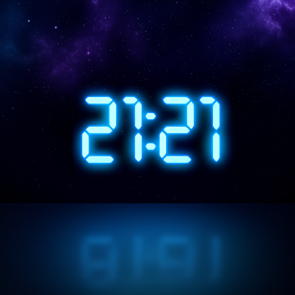 Загадочное время на часах 21 21, отображенное на цифровом циферблате на фоне космоса.