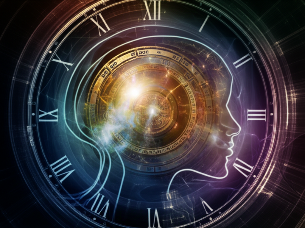 Символическое изображение метода вторичные прогрессии 1 день = 1 год с часами и звездами.