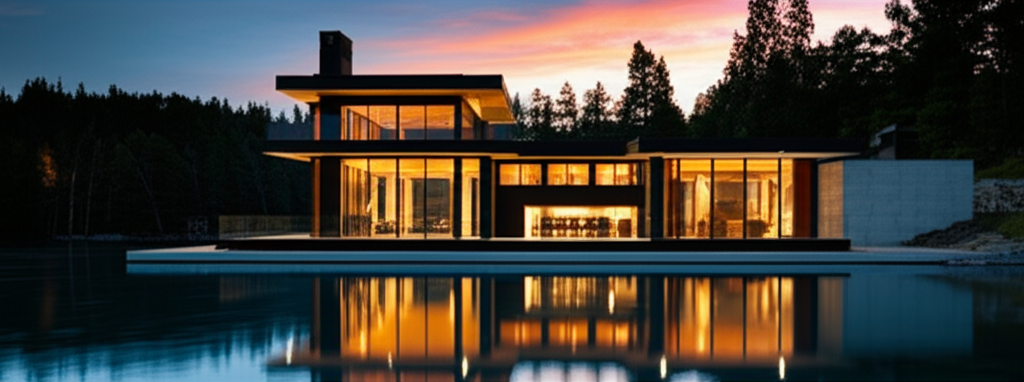 Современный загородный дом у озера, символизирующий второй дом деньги и ценности