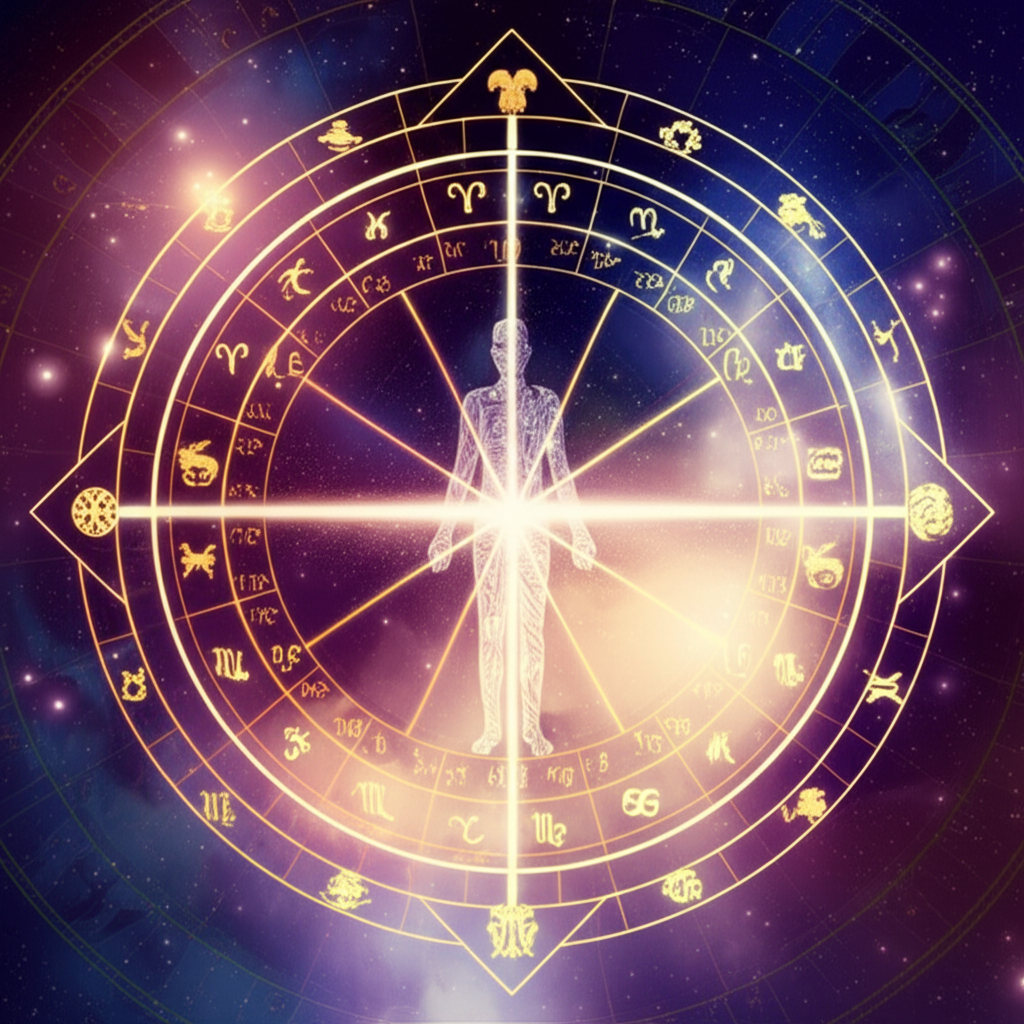 Детальная иллюстрация, показывающая введение асцендента и домов в астрологию на фоне звездного неба и зодиакальных символов.