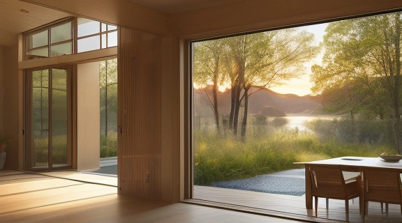 Иллюстрация гармоничного дома, идеально расположенного в природном ландшафте, демонстрирующая принципы Выбор дома по фэн шуй для создания потока жизненной энергии ци.