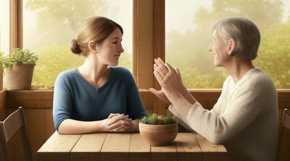 Изображение двух людей, спокойно и внимательно обсуждающих проблему, символизирует процесс выяснять отношения с близкими в атмосфере взаимопонимания.