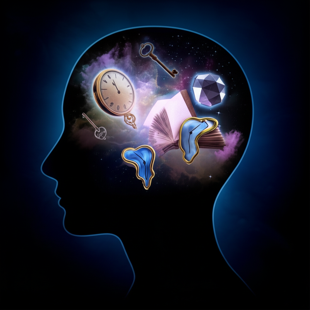 Сюрреалистическая иллюстрация, отвечающая на вопрос зачем мы видим сны: в профиле человеческой головы изображен космос и символические объекты.