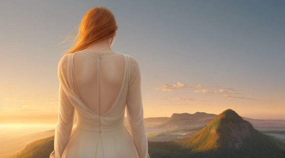 Человек на рассвете, загадывающий желание на фоне величественного пейзажа.