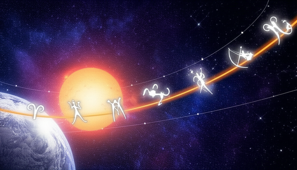 Изображение, демонстрирующее путь Солнца по эклиптике и расположение 12 знаков зодиака на фоне звездного неба.