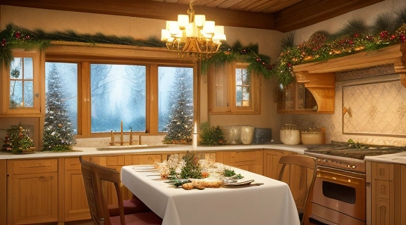 Иллюстрация, изображающая традиционные рождественские гуляния семьи за столом с двенадцатью блюдами, на фоне заснеженной деревни. Традиции и приметы рождества.